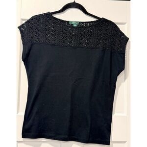 Cute Ralph Lauren Crochet-Top Black Tee Ladies Size Small
